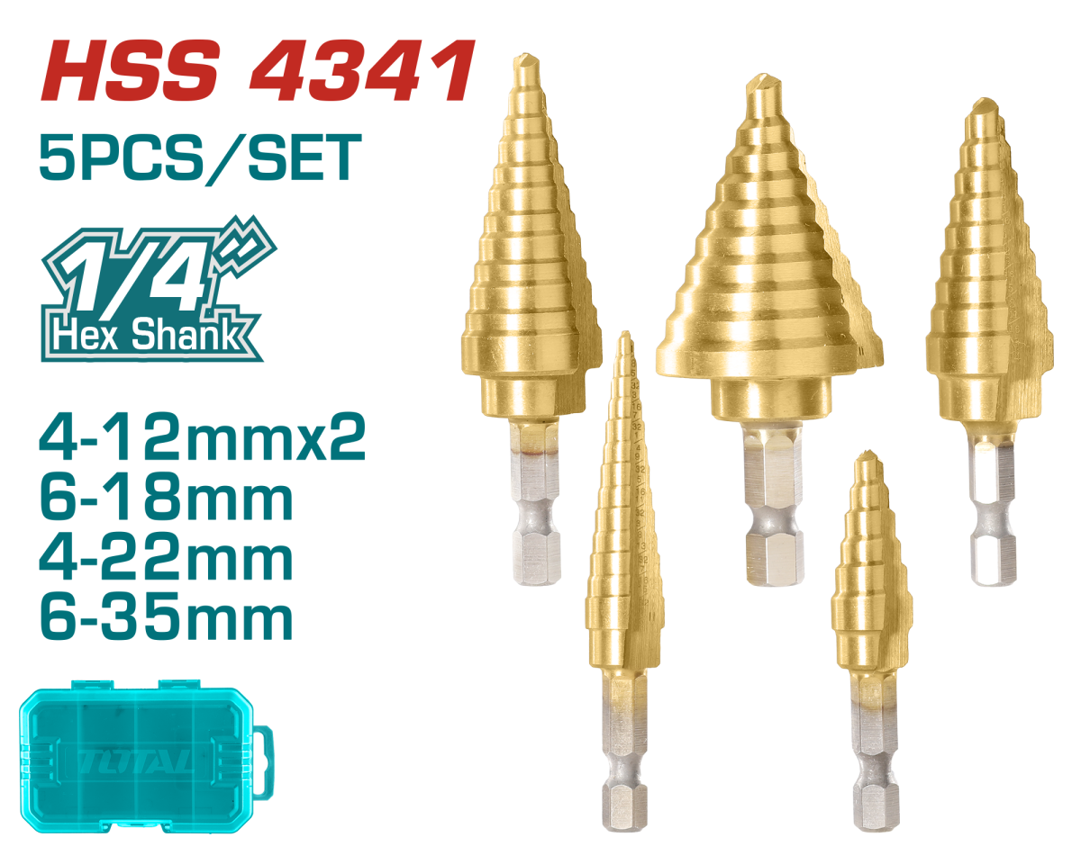 Set 5 burghie in trepte TOTAL HSS 4341 pentru metal si plastic