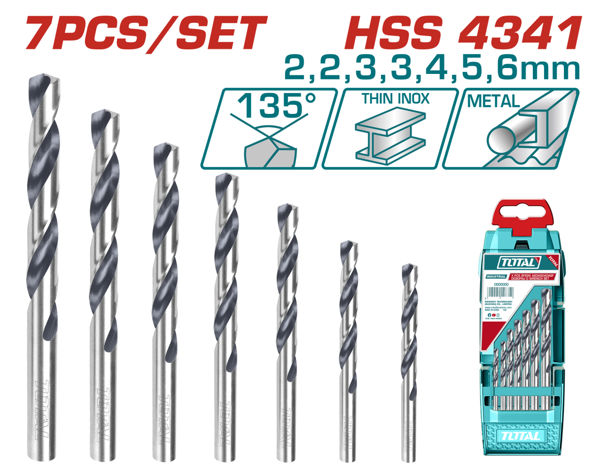 Set 7 burghie pentru metal TOTAL HSS 4341, 2-6 mm
