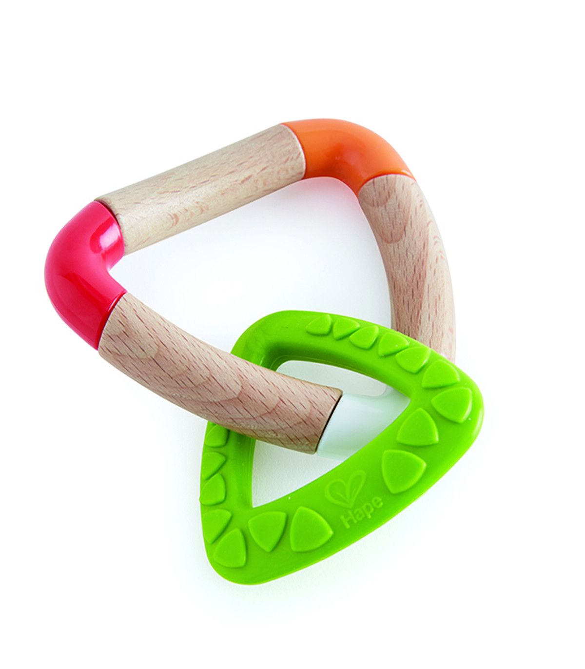 Jucărie de dentiție Hape triunghi dublu din silicon și lemn pentru bebeluși