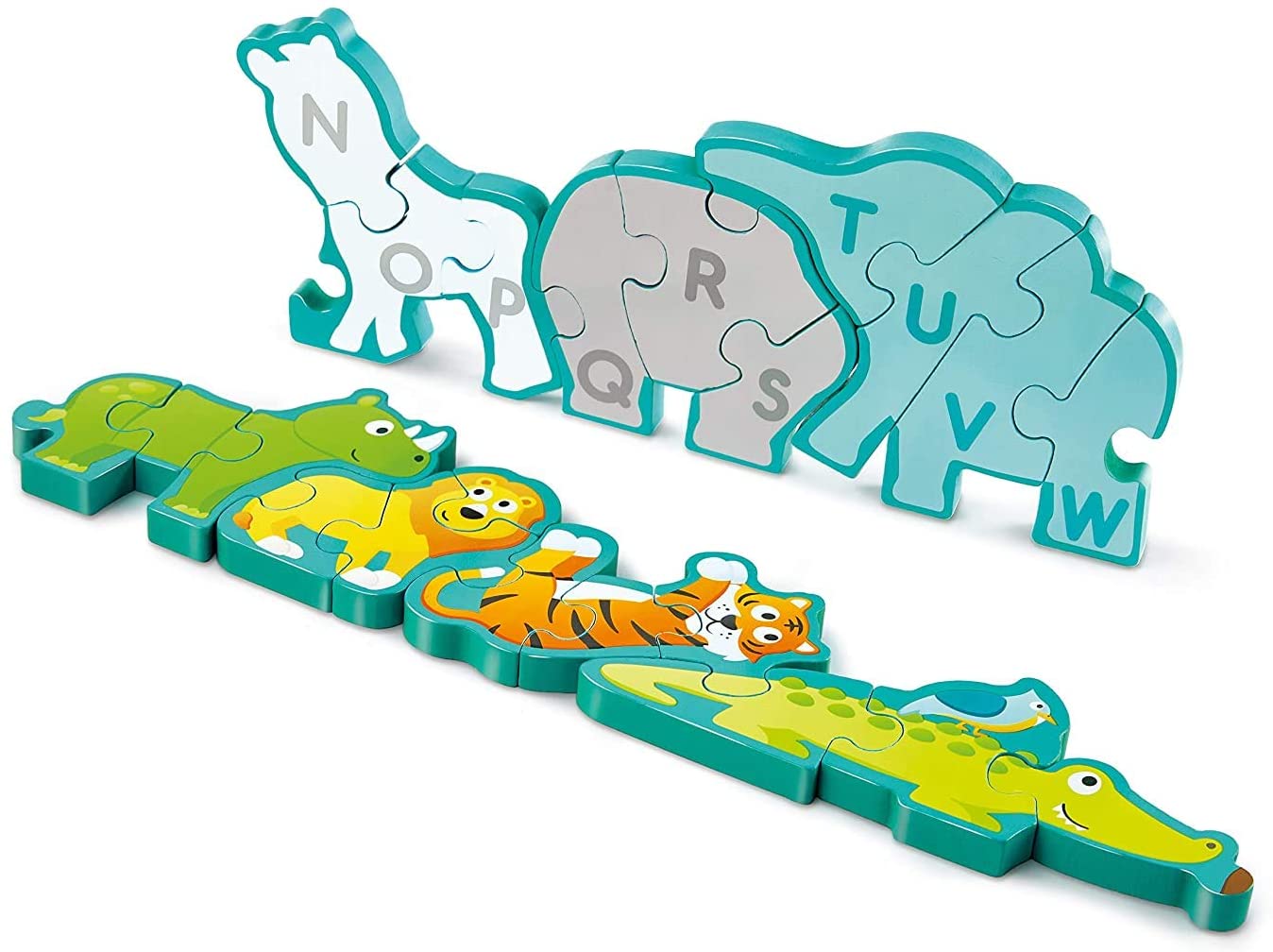 Puzzle alfabet din lemn Hape cu animale salbatice, 26 piese, 3 ani+