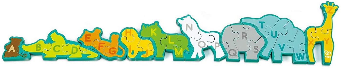 Puzzle alfabet din lemn Hape cu animale salbatice, 26 piese, 3 ani+