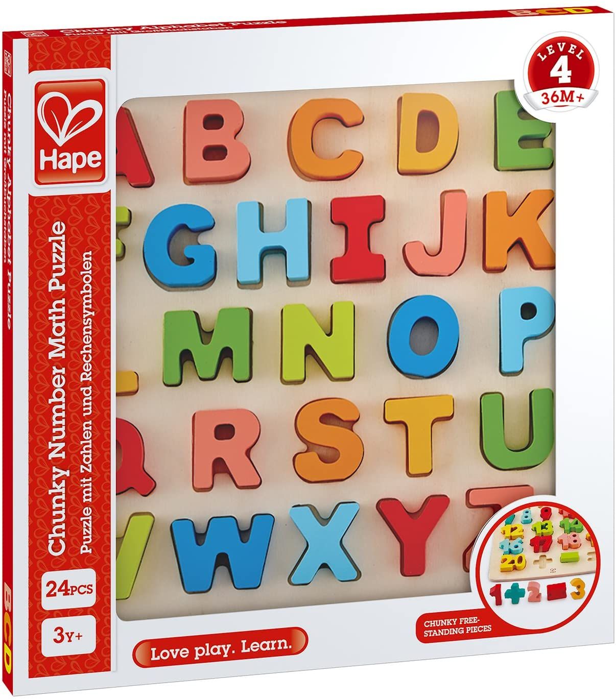 Puzzle alfabet din lemn Hape Chunky, 27 piese, multicolor, 3+ ani