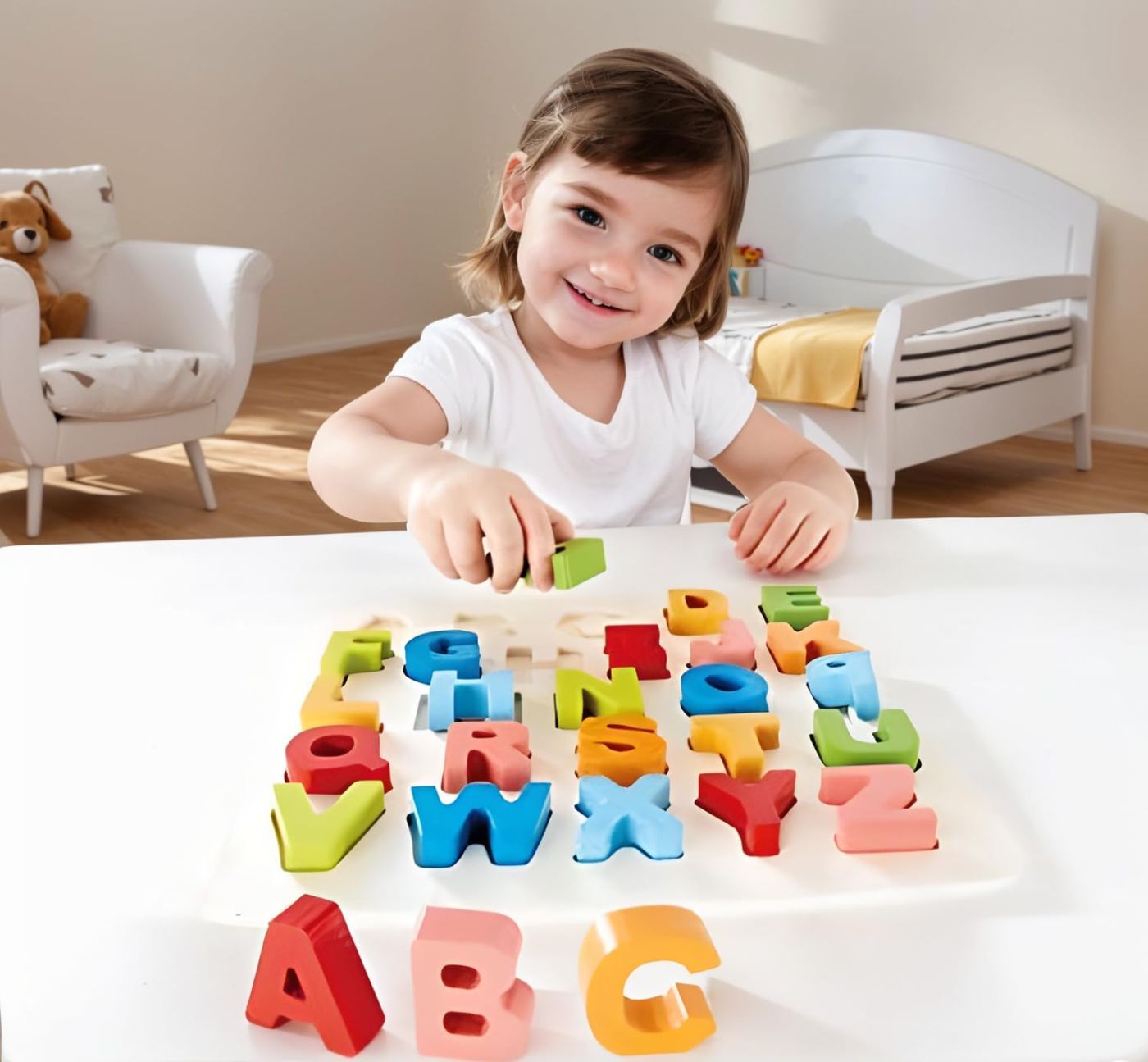 Puzzle alfabet din lemn Hape Chunky, 27 piese, multicolor, 3+ ani