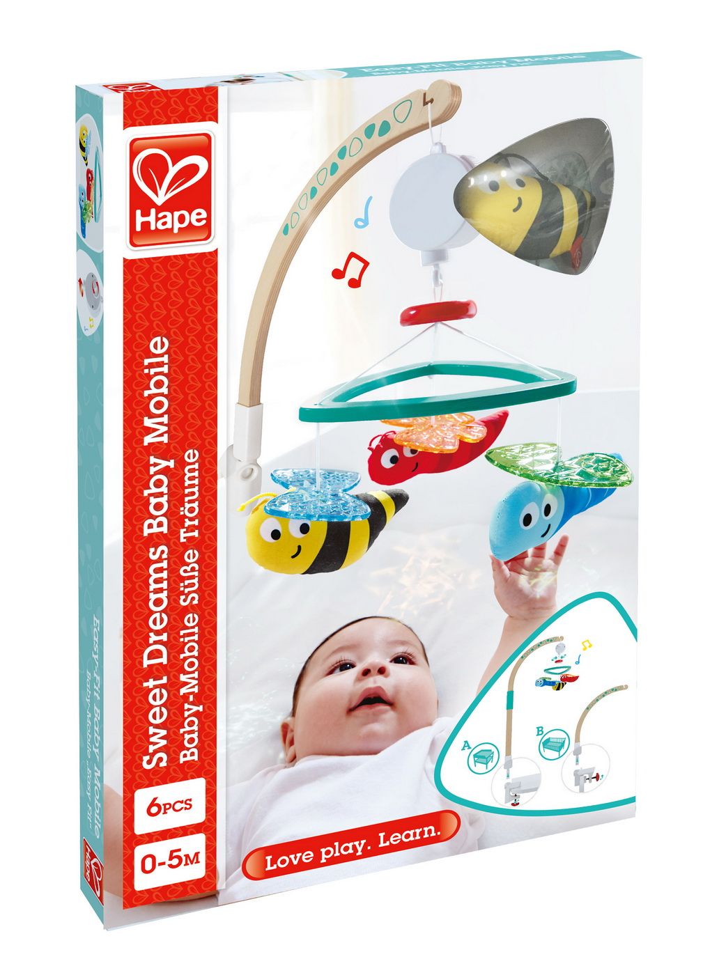 Carusel muzical pentru patut si masa de infasat Hape, din lemn