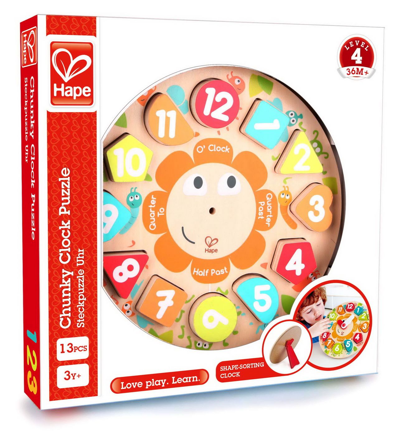 Ceas educativ din lemn Hape cu forme geometrice si cifre, 24,5 cm