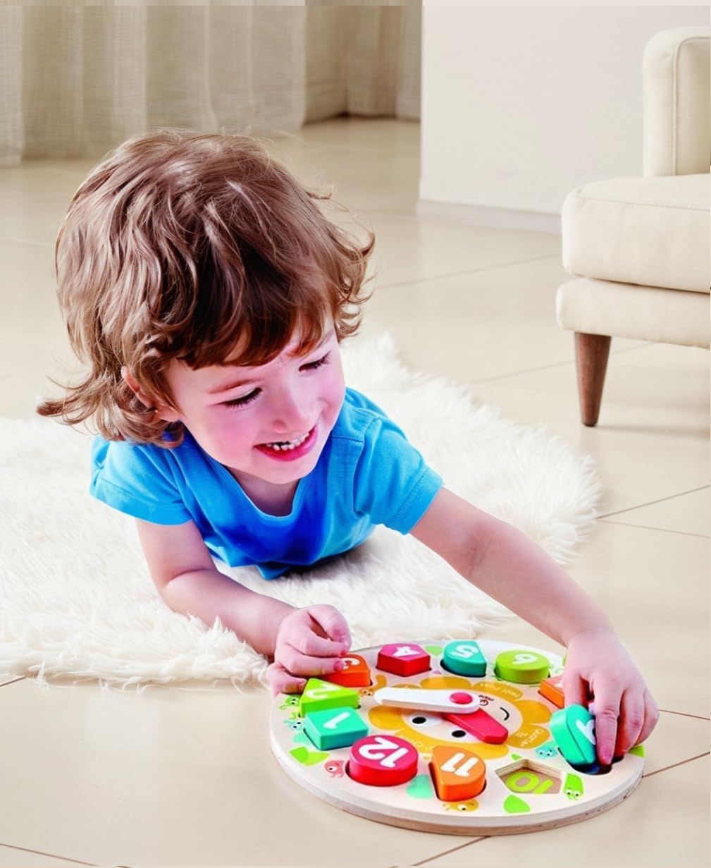 Ceas educativ din lemn Hape cu forme geometrice si cifre, 24,5 cm