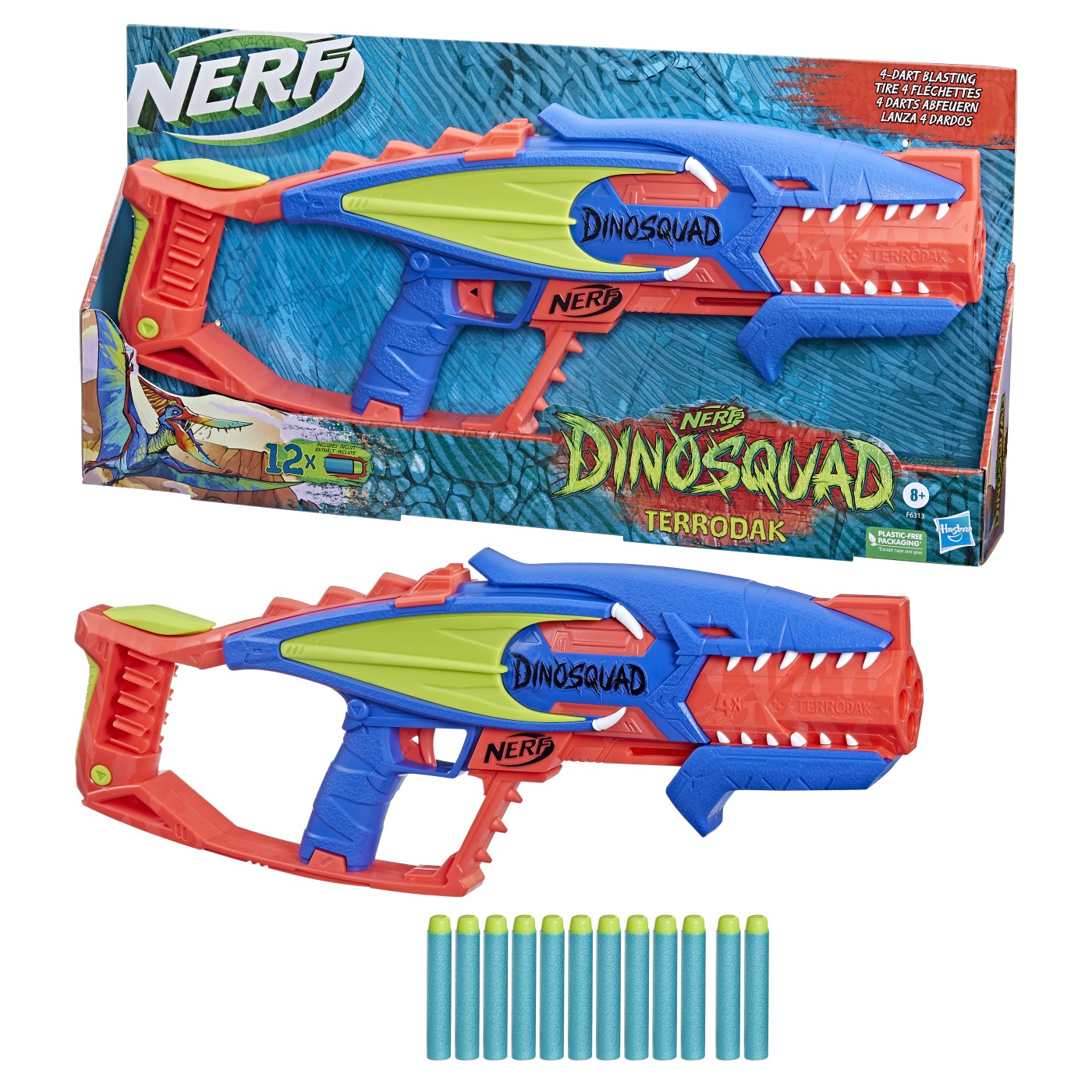 Blaster Nerf DinoSquad Terrodak cu 12 săgeți din spumă, 8+ ani