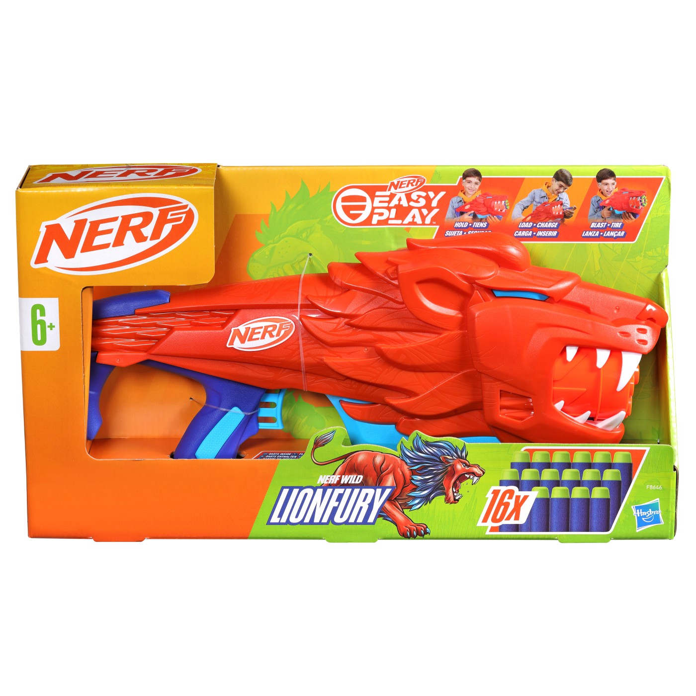Pistol Nerf Wild Lionfury cu 16 sageti, model leu pentru copii 6+
