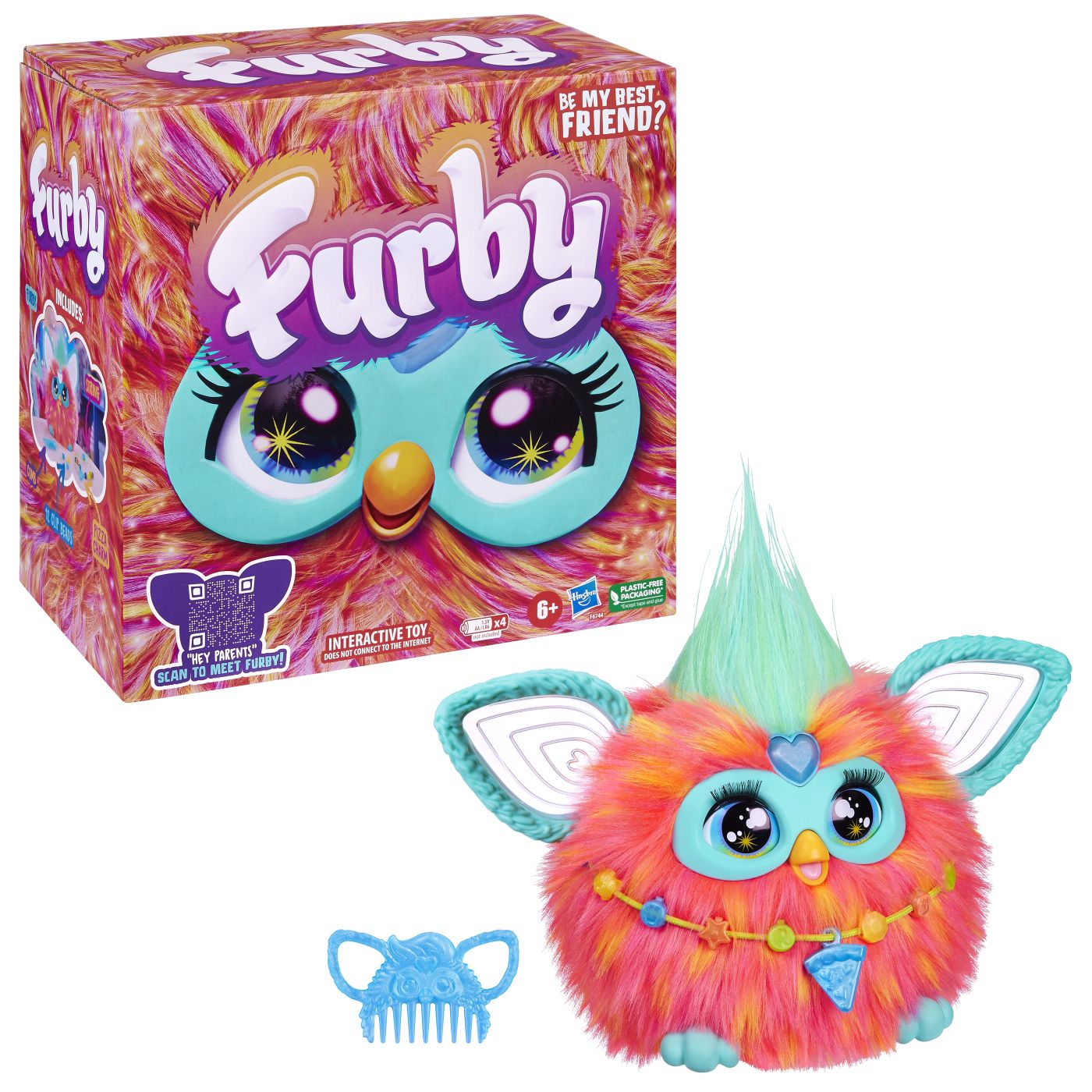 Jucarie interactiva Furby de plus multicolor, cu lumini si sunete, 6+