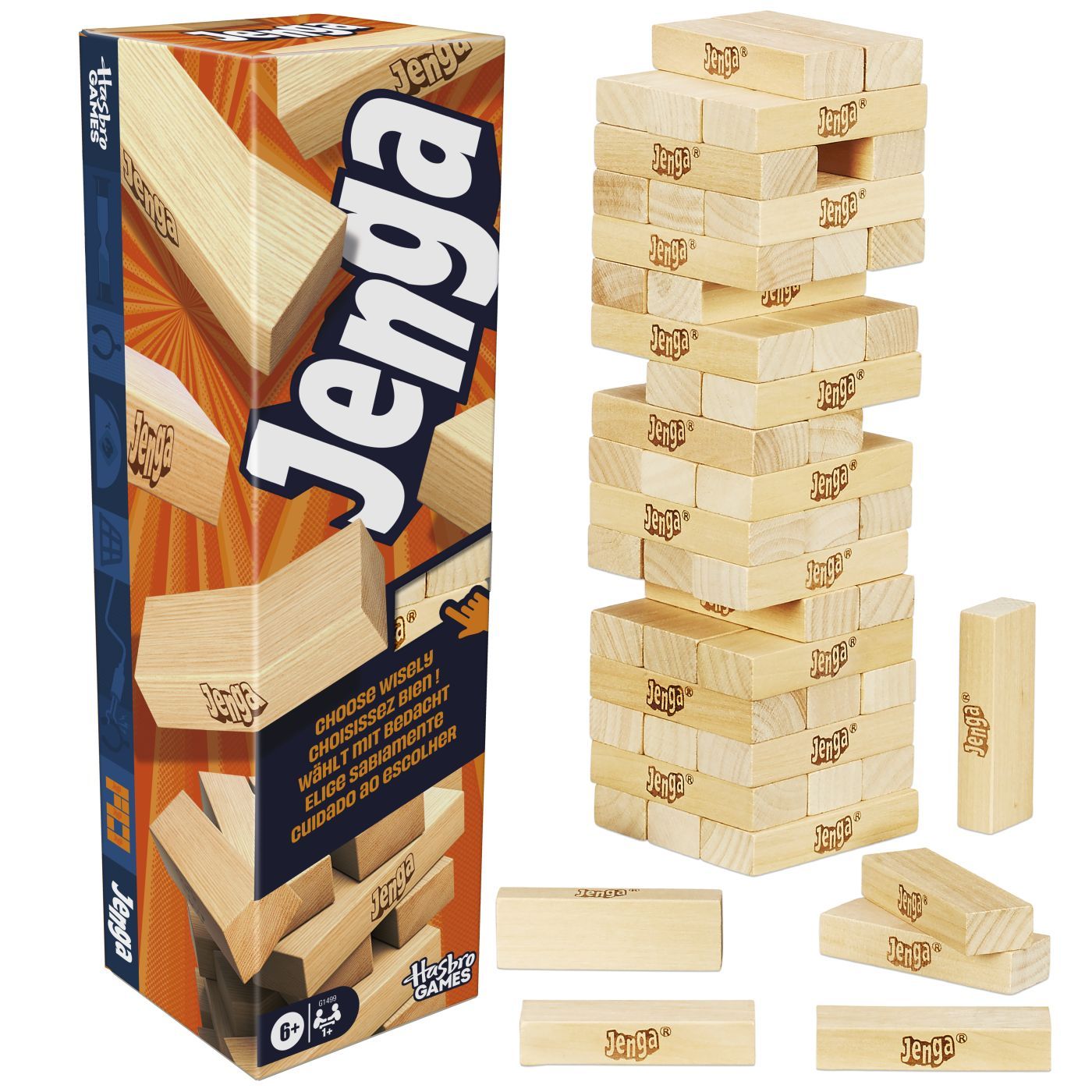 Joc Jenga Original Hasbro din lemn, joc de societate pentru 6+ ani