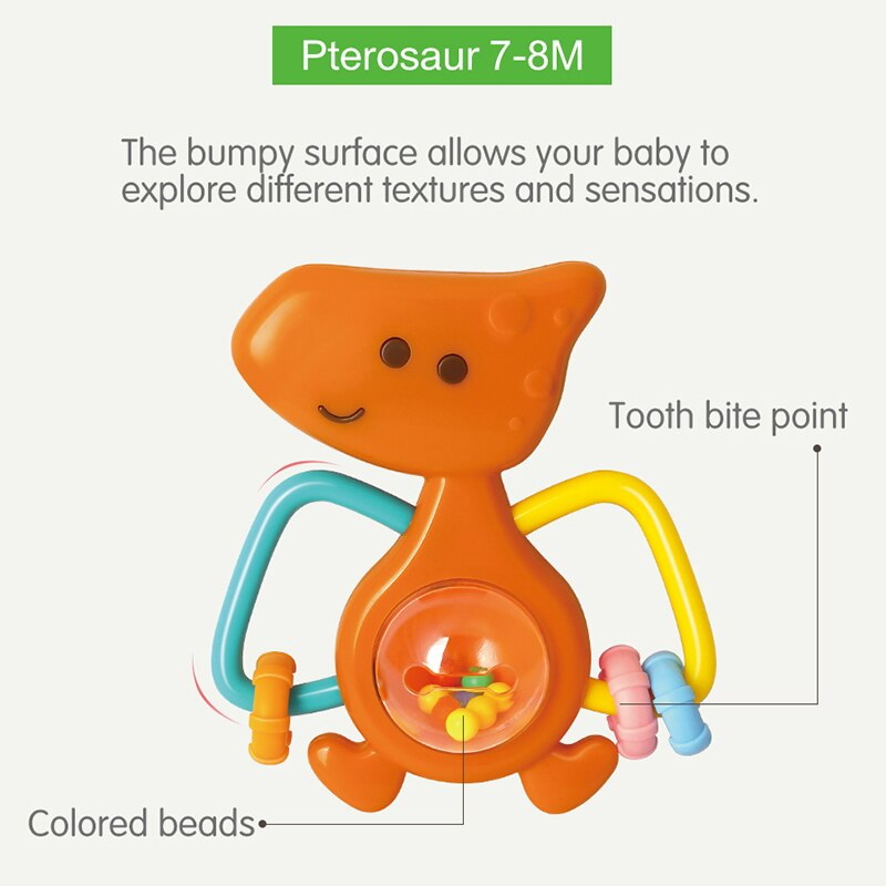 Set 5 zornăitori dinozauri multicolori pentru bebeluși 3+ luni