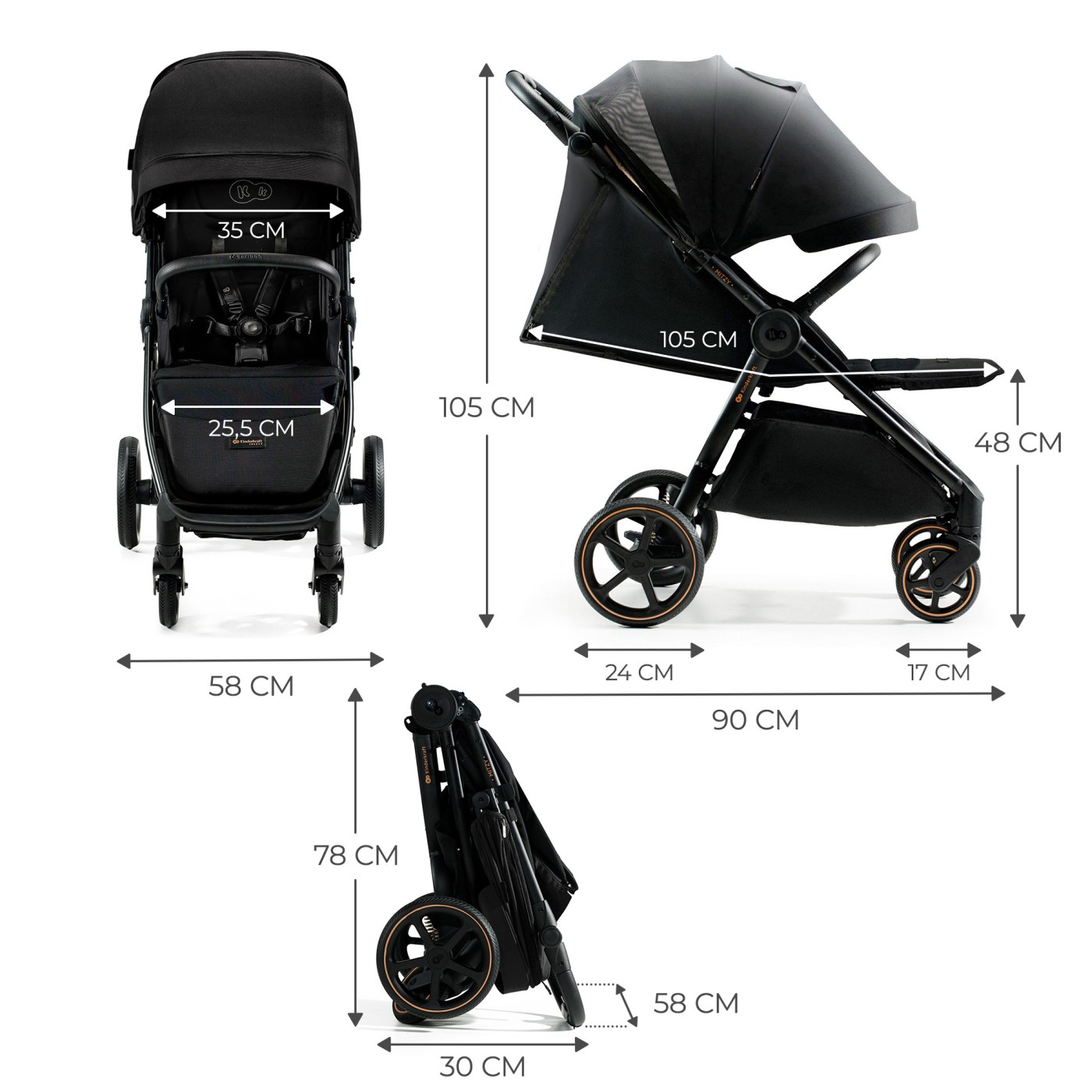 Cărucior sport ultra compact Kinderkraft Mitzy 0-22 kg, Black Ink