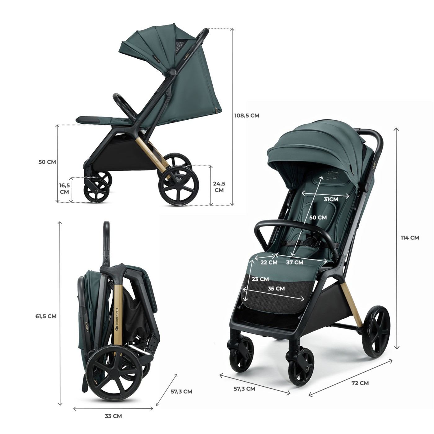 Carucior sport Kinderkraft LOOM 0-22 kg, verde Jade, pliere compacta