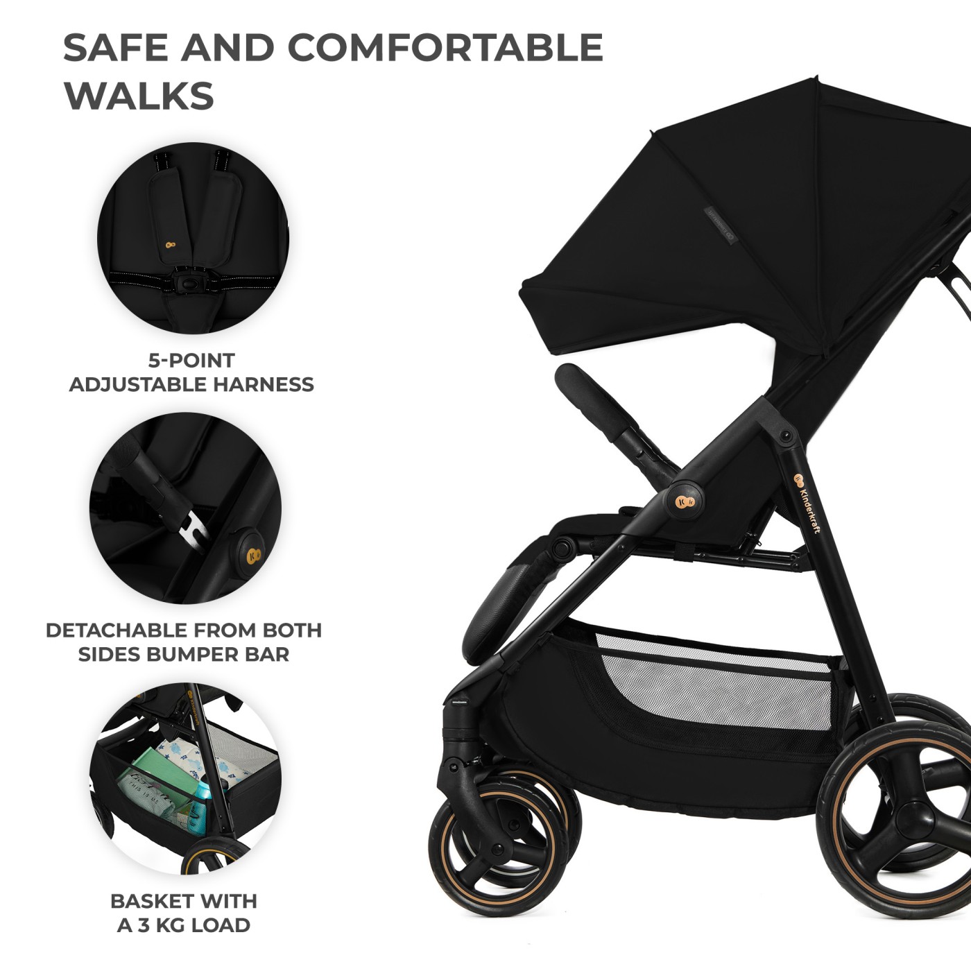 Carucior sport pliabil Kinderkraft TRIG 3 Onyx Black, 0-25 kg