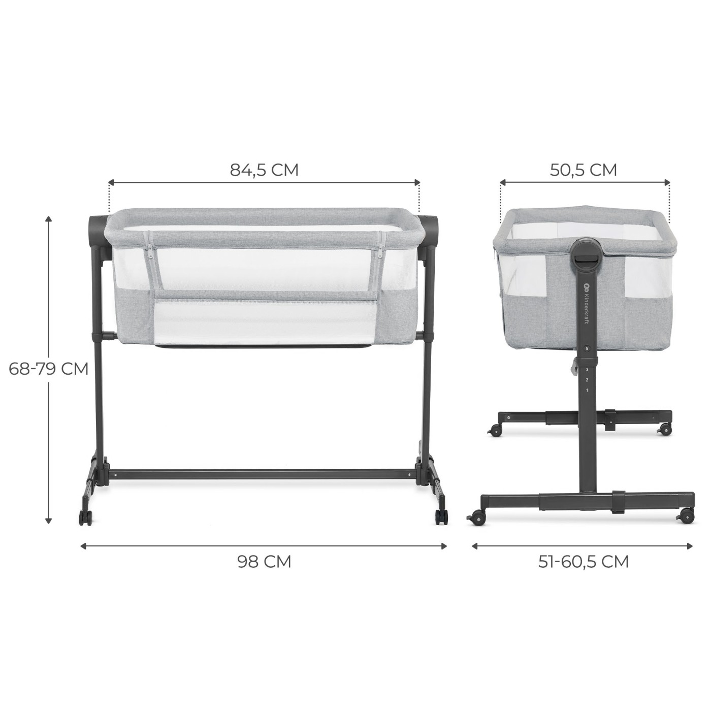 Pătuț co-sleeper Kinderkraft Nestee Up 2, 2 în 1, gri deschis