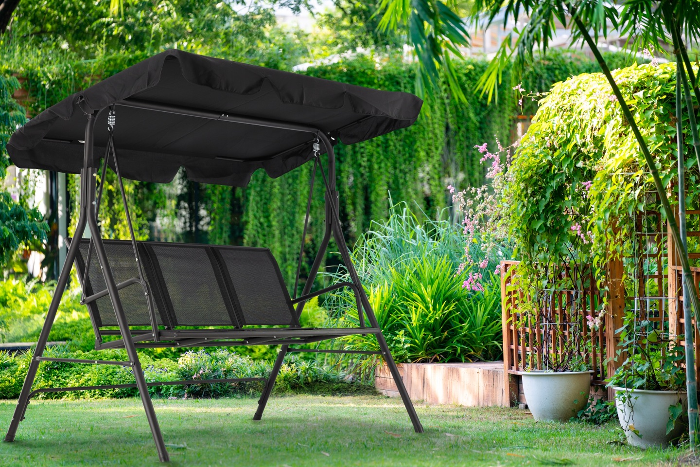 Leagan balansoar gradina Sersimo Textilene, 3 locuri, 260kg, negru Household NewTrend