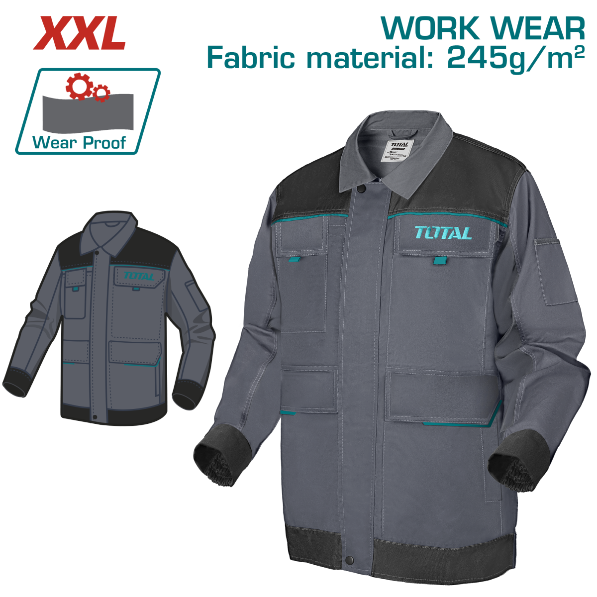 Geacă de lucru TOTAL XXL, 245 g/mp, cu întărituri Oxford și buzunare