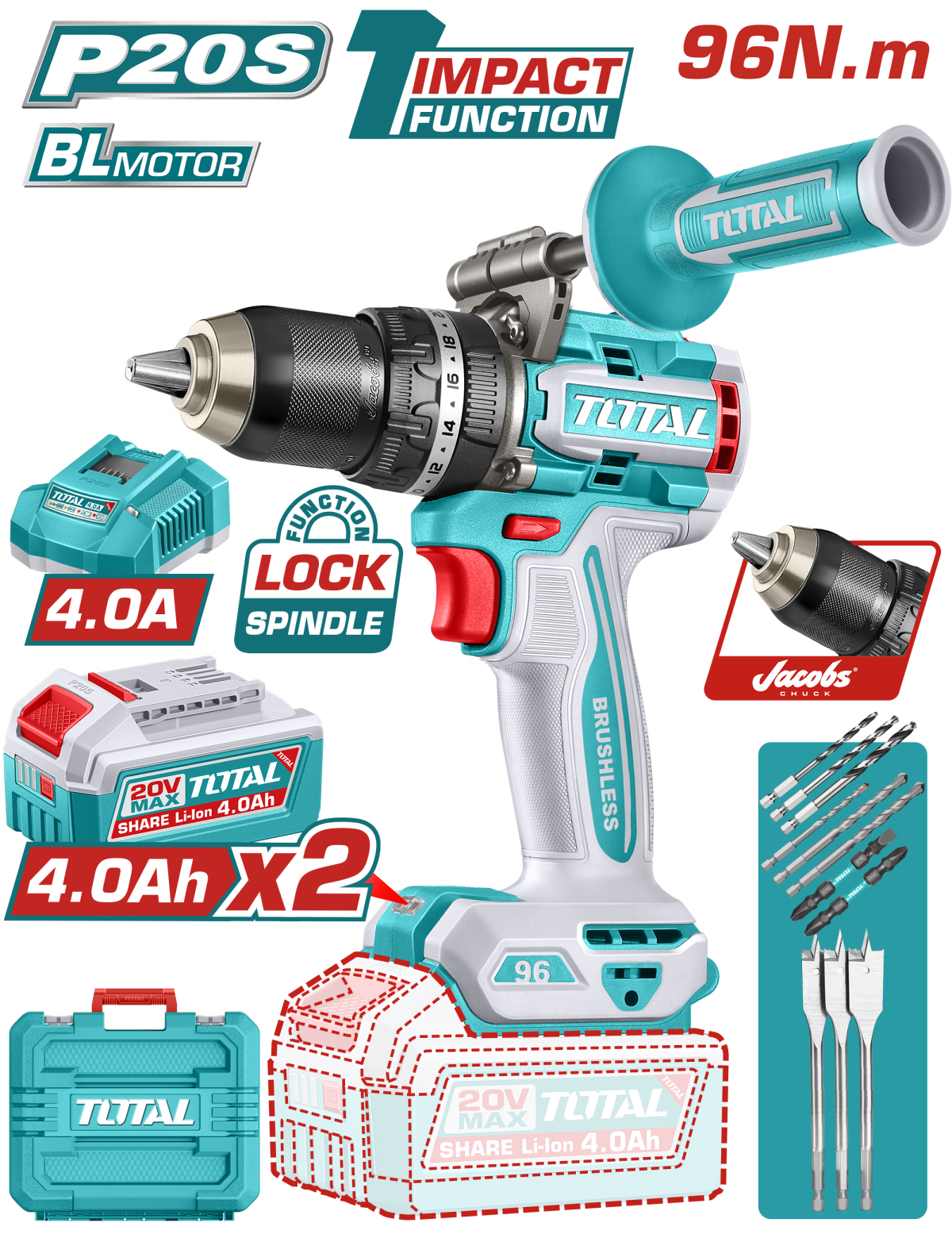 Masina de gaurit cu impact TOTAL 20V, 96 Nm, 2 acumulatori 4.0Ah