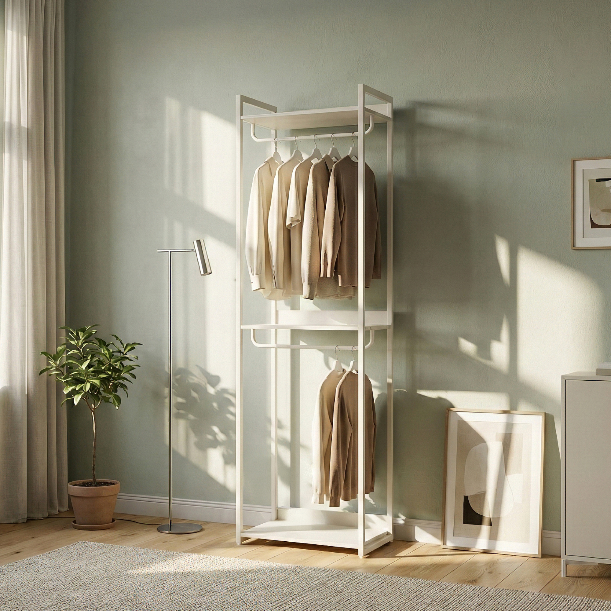 Stander garderobă cu 3 rafturi și 2 bare pentru haine, gri, 200x61x40 cm