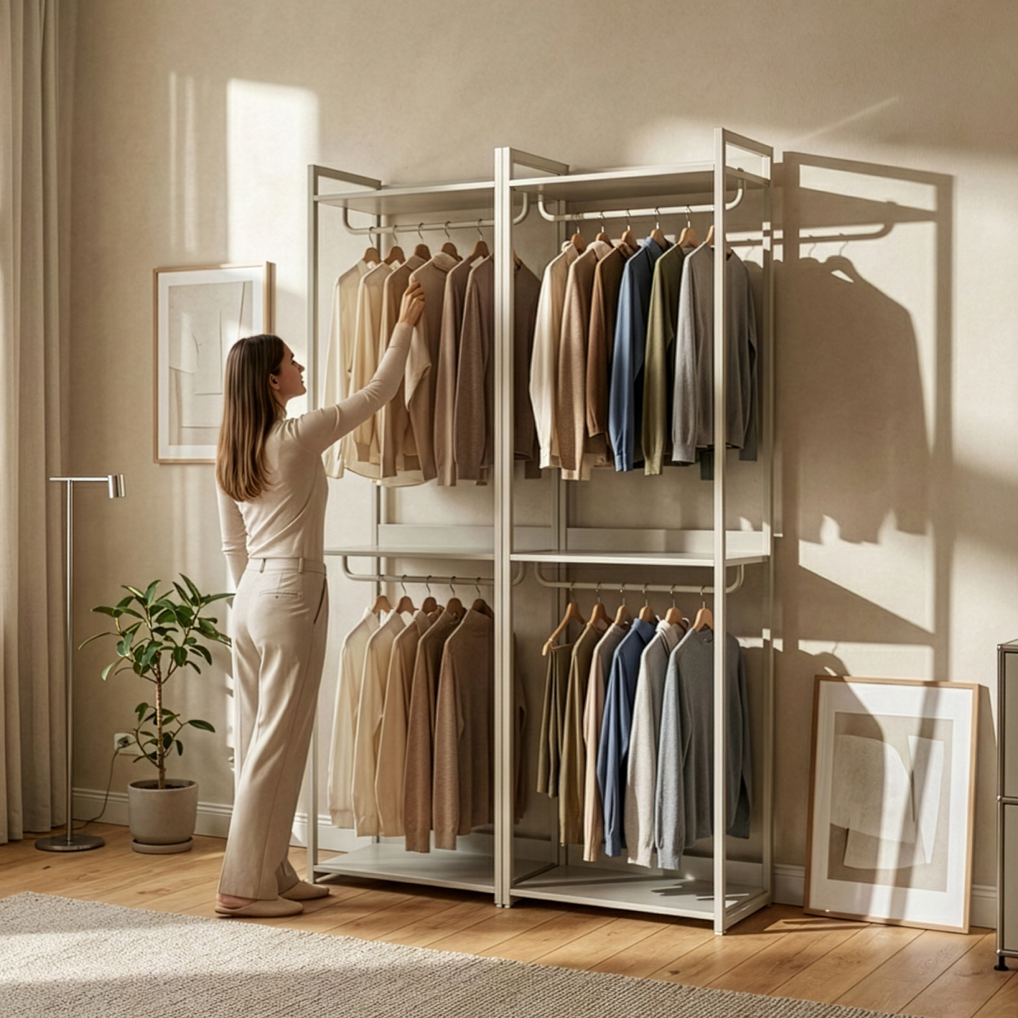 Stander garderobă cu 3 rafturi și 2 bare pentru haine, gri, 200x61x40 cm