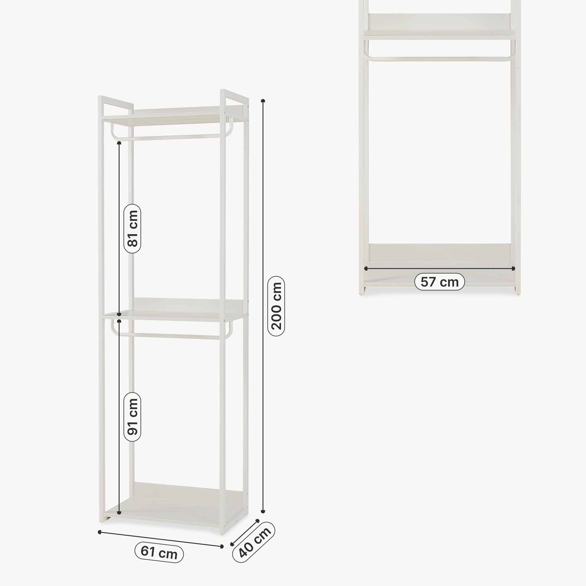 Stander garderobă cu 3 rafturi și 2 bare pentru haine, gri, 200x61x40 cm