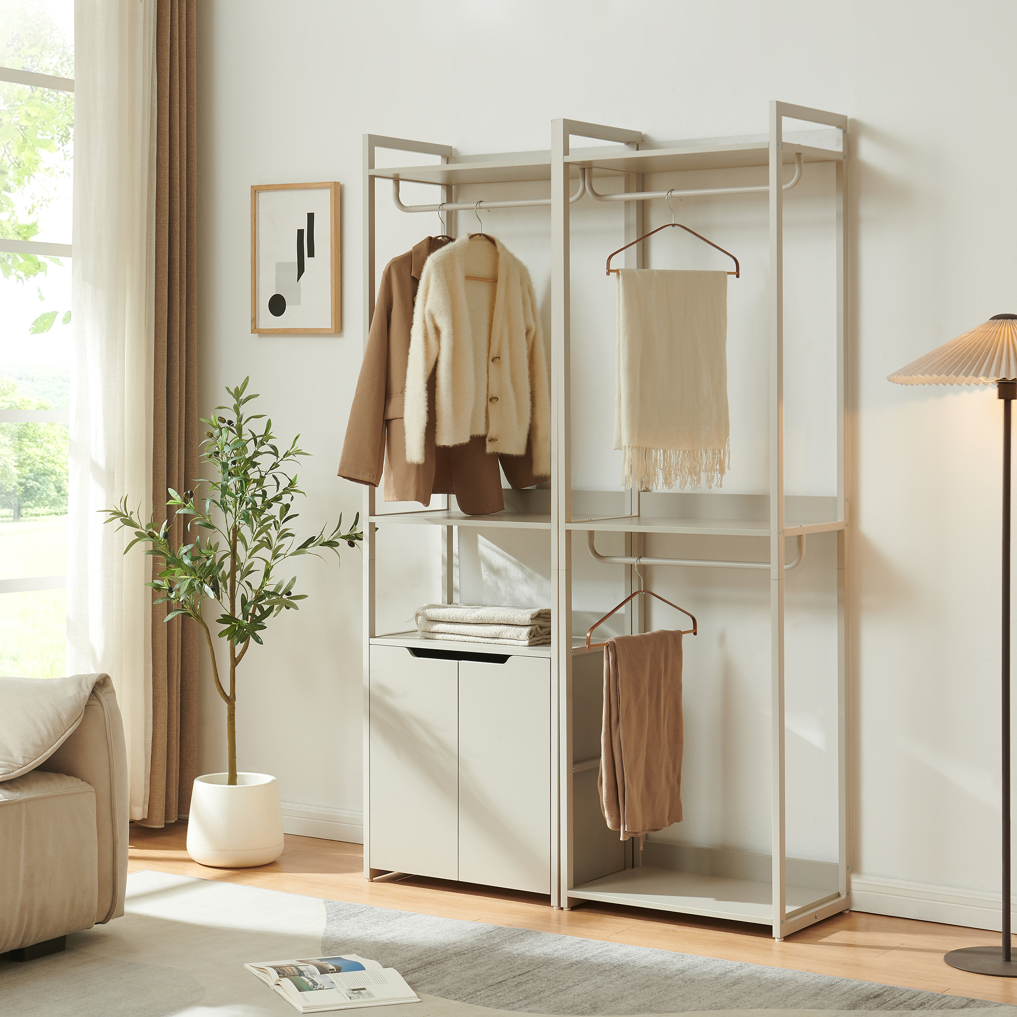 Stander garderobă cu 3 rafturi și 2 bare pentru haine, gri, 200x61x40 cm