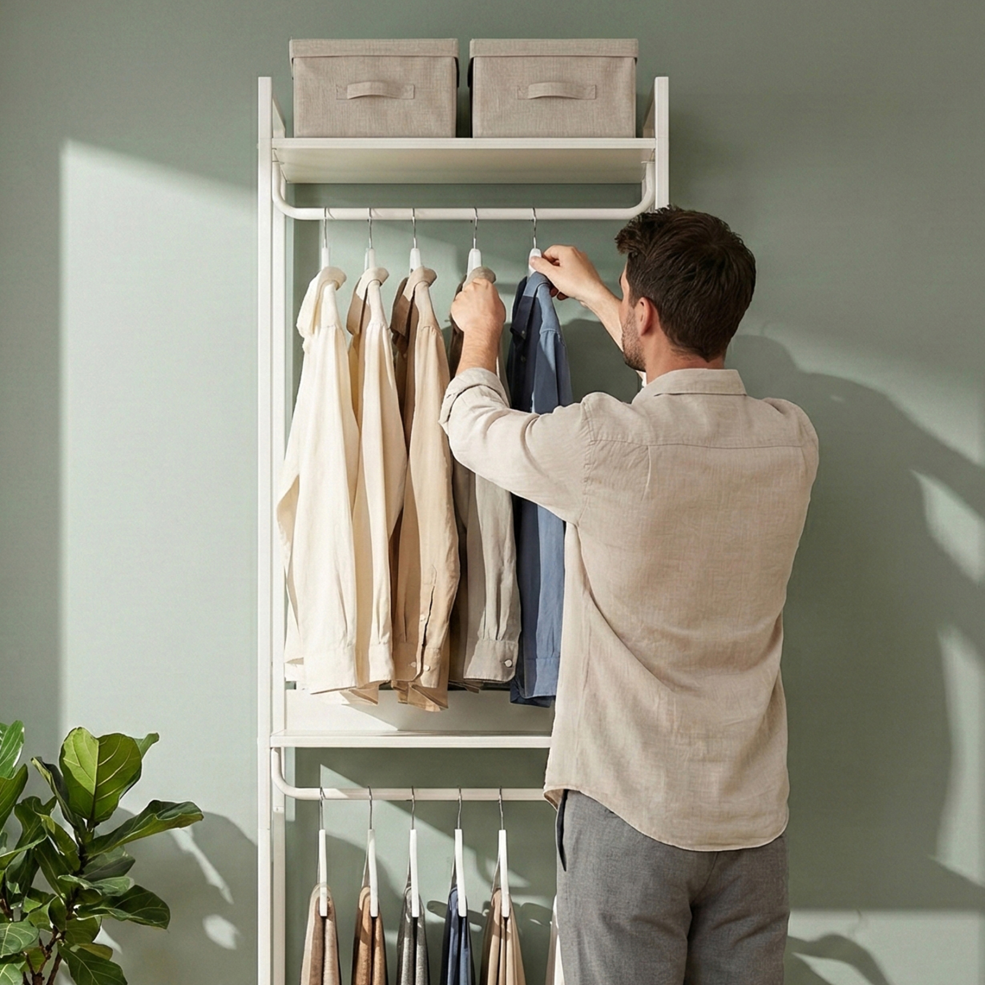 Stander garderobă cu 3 rafturi și 2 bare pentru haine, gri, 200x61x40 cm