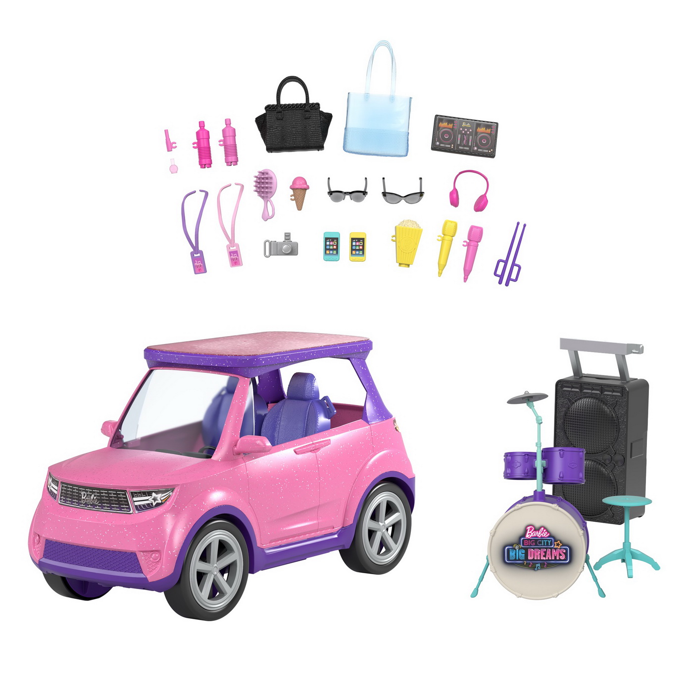 Masina Barbie 2 in 1 cu scena muzicala si accesorii Big City Dreams