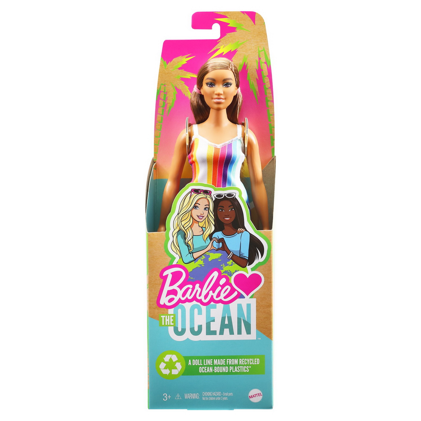Păpușă Barbie Malibu satena cu ținută de plajă din materiale reciclate
