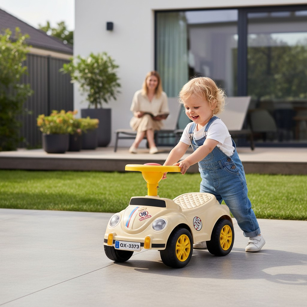 Mașinuță fără pedale retro bej pentru copii 1-3 ani, 35x51x25 cm