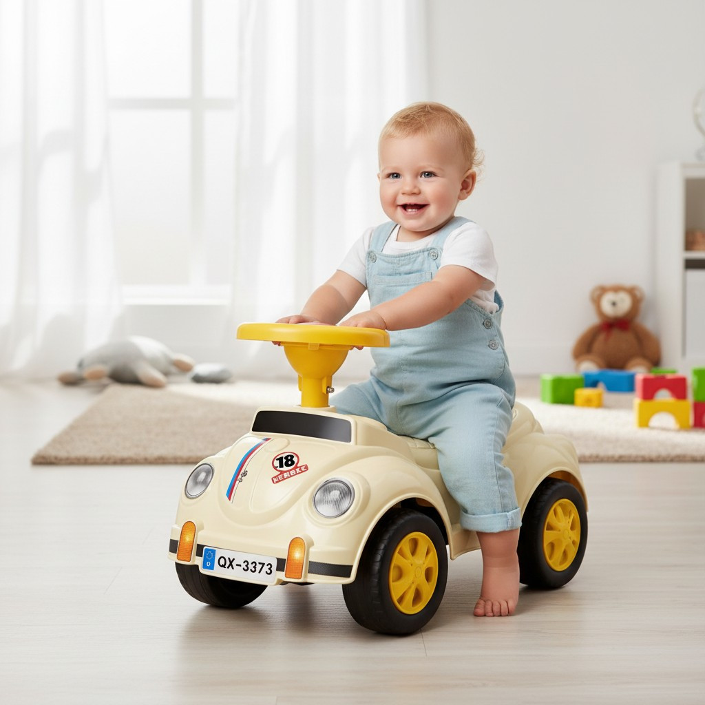 Mașinuță fără pedale retro bej pentru copii 1-3 ani, 35x51x25 cm