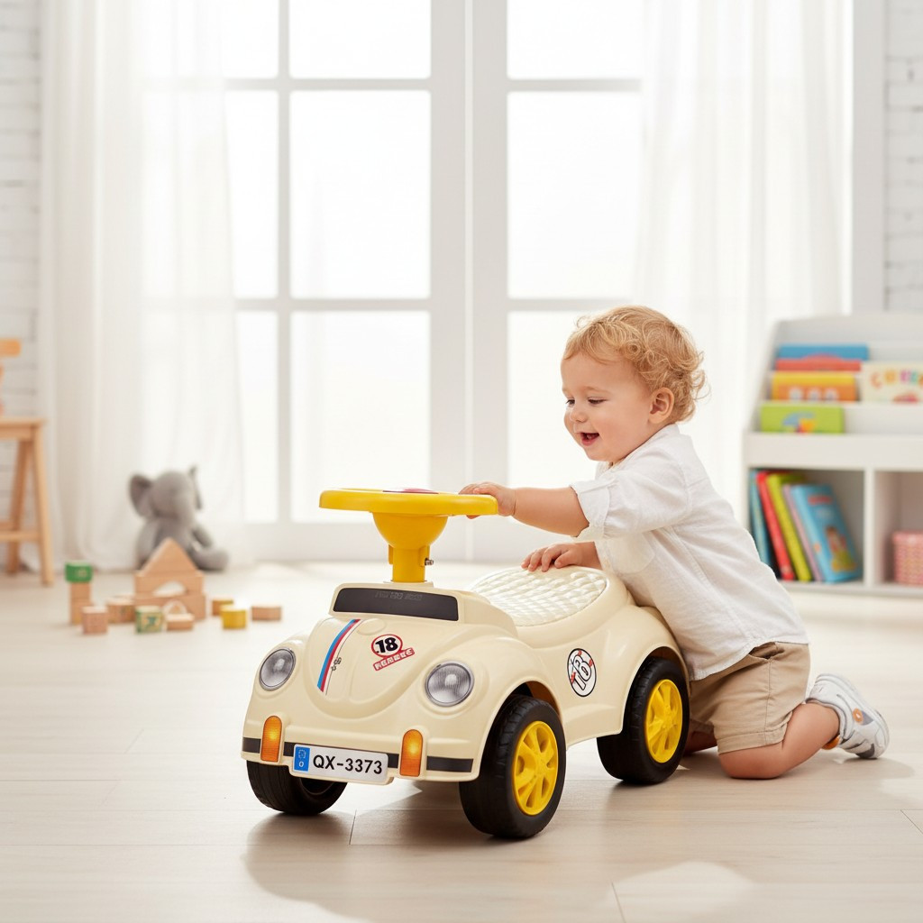 Mașinuță fără pedale retro bej pentru copii 1-3 ani, 35x51x25 cm