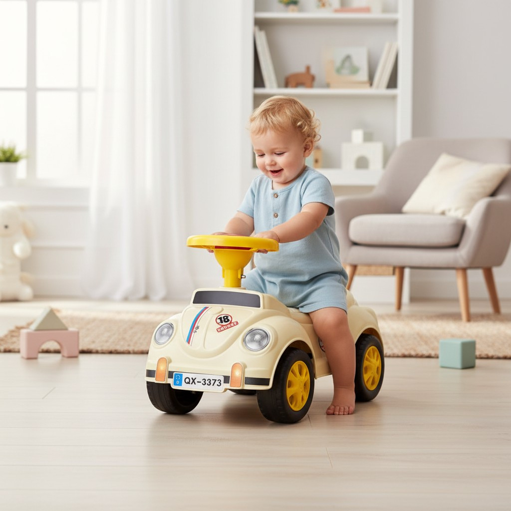 Mașinuță fără pedale retro bej pentru copii 1-3 ani, 35x51x25 cm
