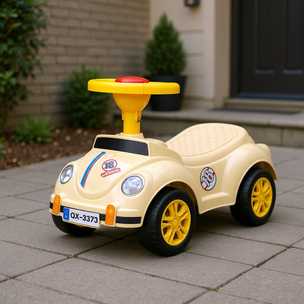 Mașinuță fără pedale retro bej pentru copii 1-3 ani, 35x51x25 cm