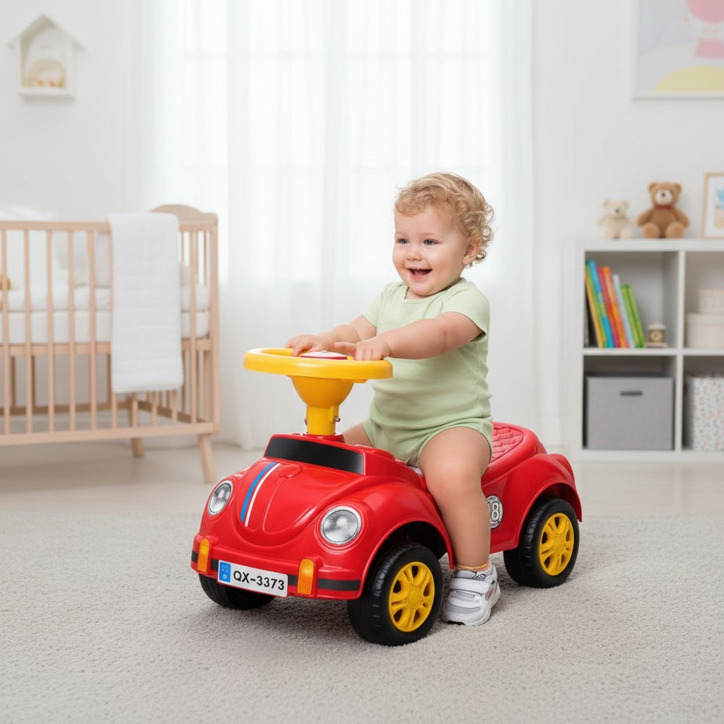 Mașinuță fără pedale pentru copii 1-3 ani, model retro roșu cu claxon