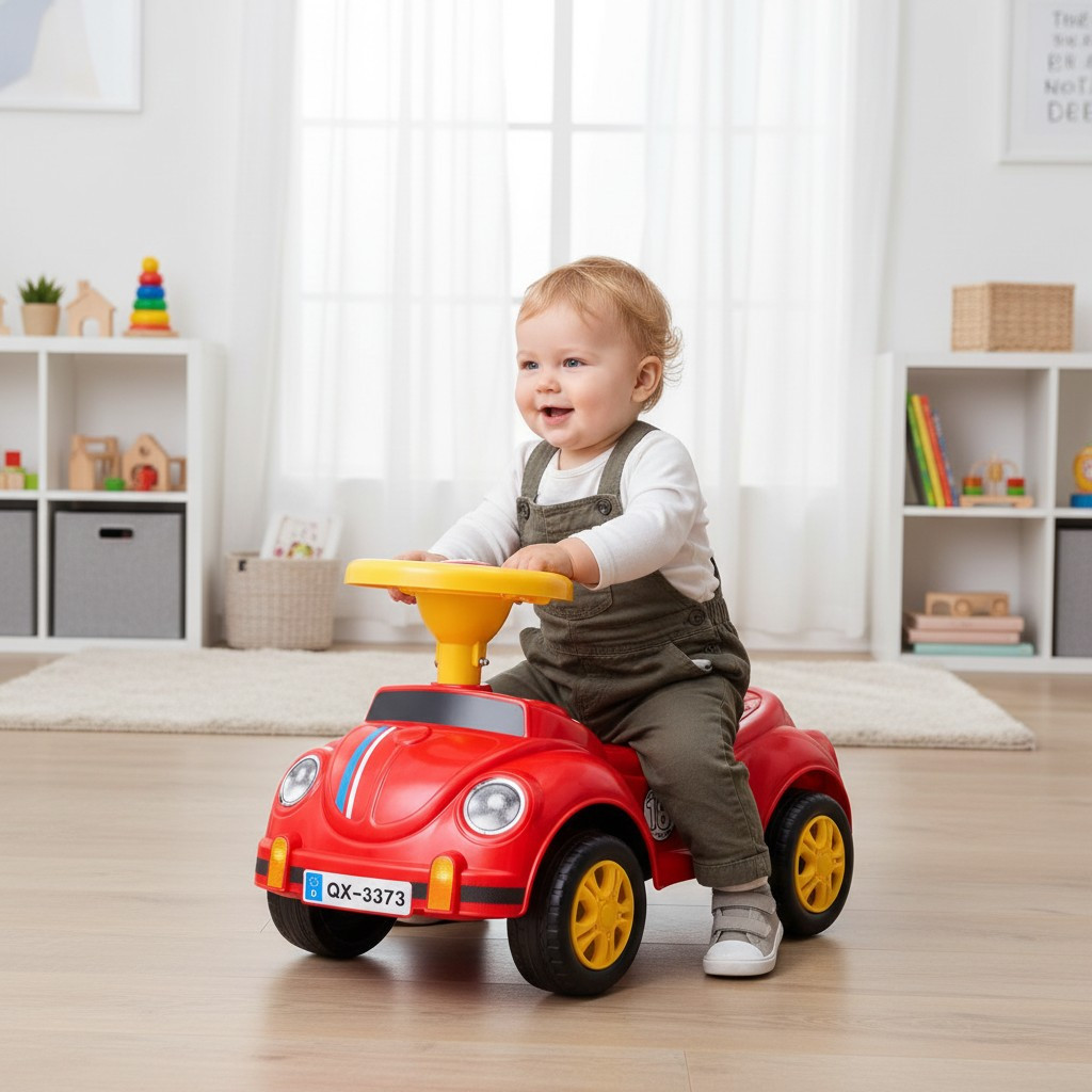 Mașinuță fără pedale pentru copii 1-3 ani, model retro roșu cu claxon