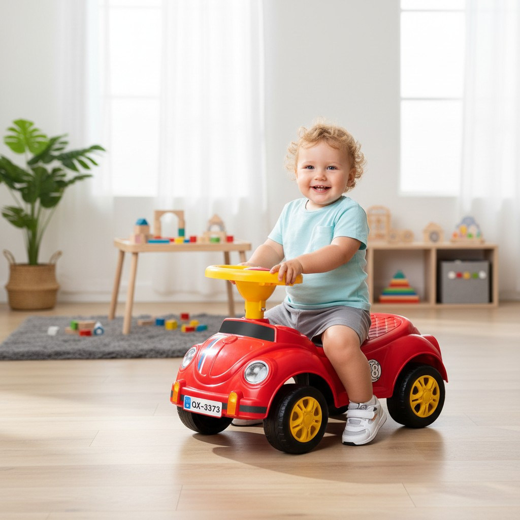 Mașinuță fără pedale pentru copii 1-3 ani, model retro roșu cu claxon