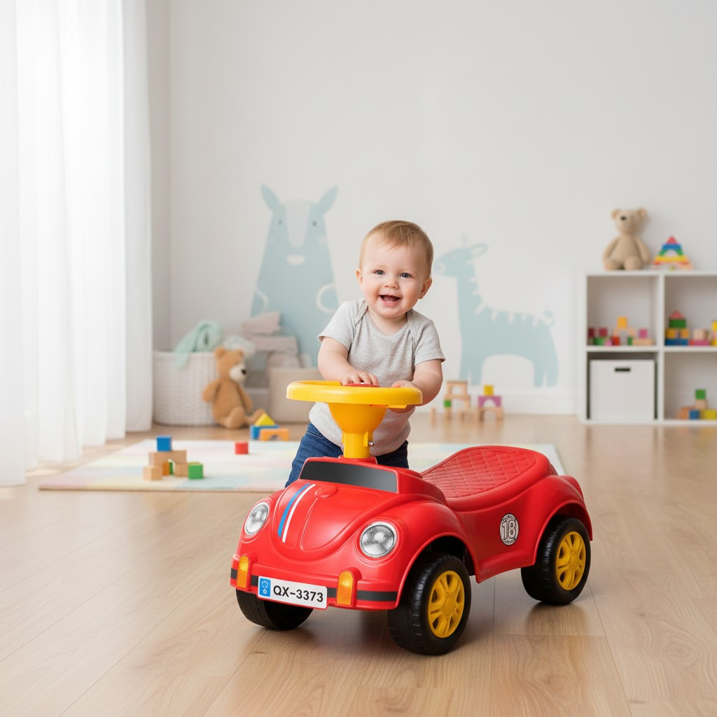 Mașinuță fără pedale pentru copii 1-3 ani, model retro roșu cu claxon