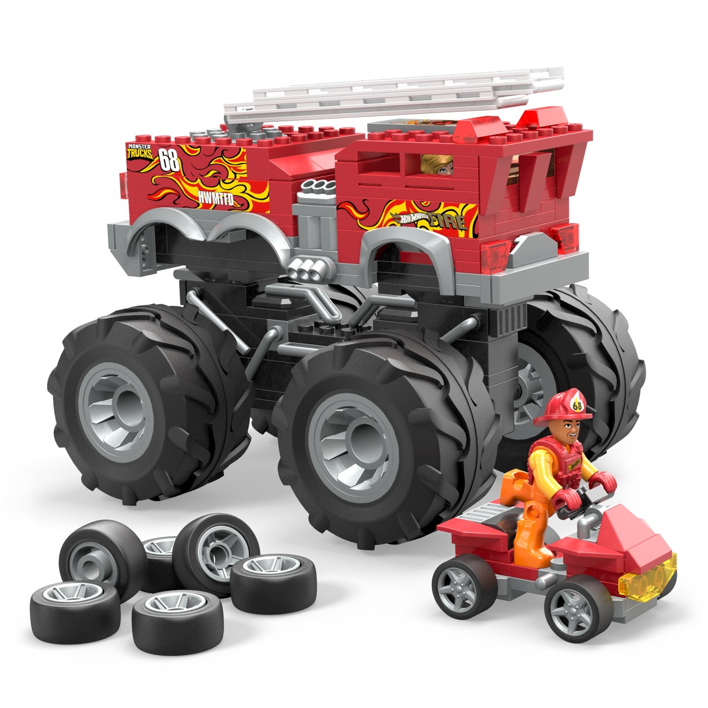 Set construcție Hot Wheels Monster Truck 5 Alarm cu figurină, 284 piese