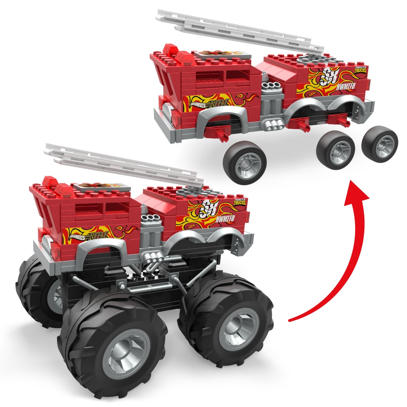 Set construcție Hot Wheels Monster Truck 5 Alarm cu figurină, 284 piese