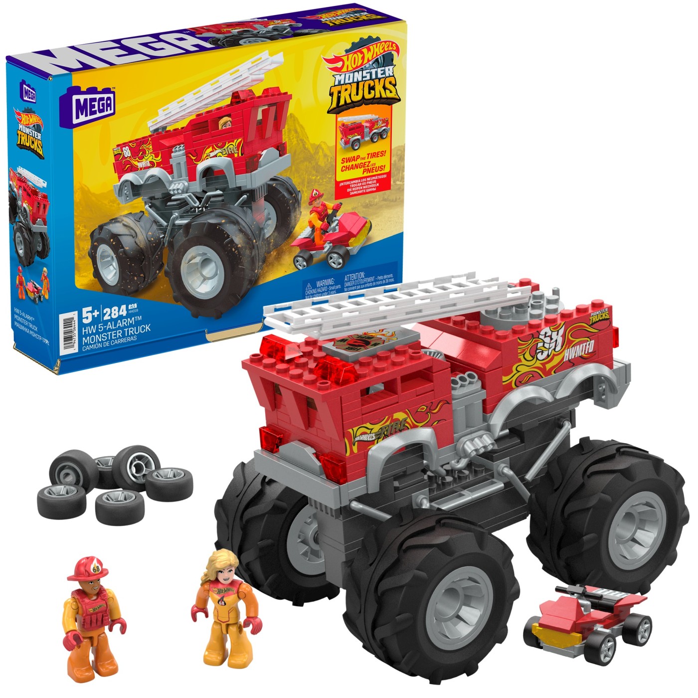 Set construcție Hot Wheels Monster Truck 5 Alarm cu figurină, 284 piese