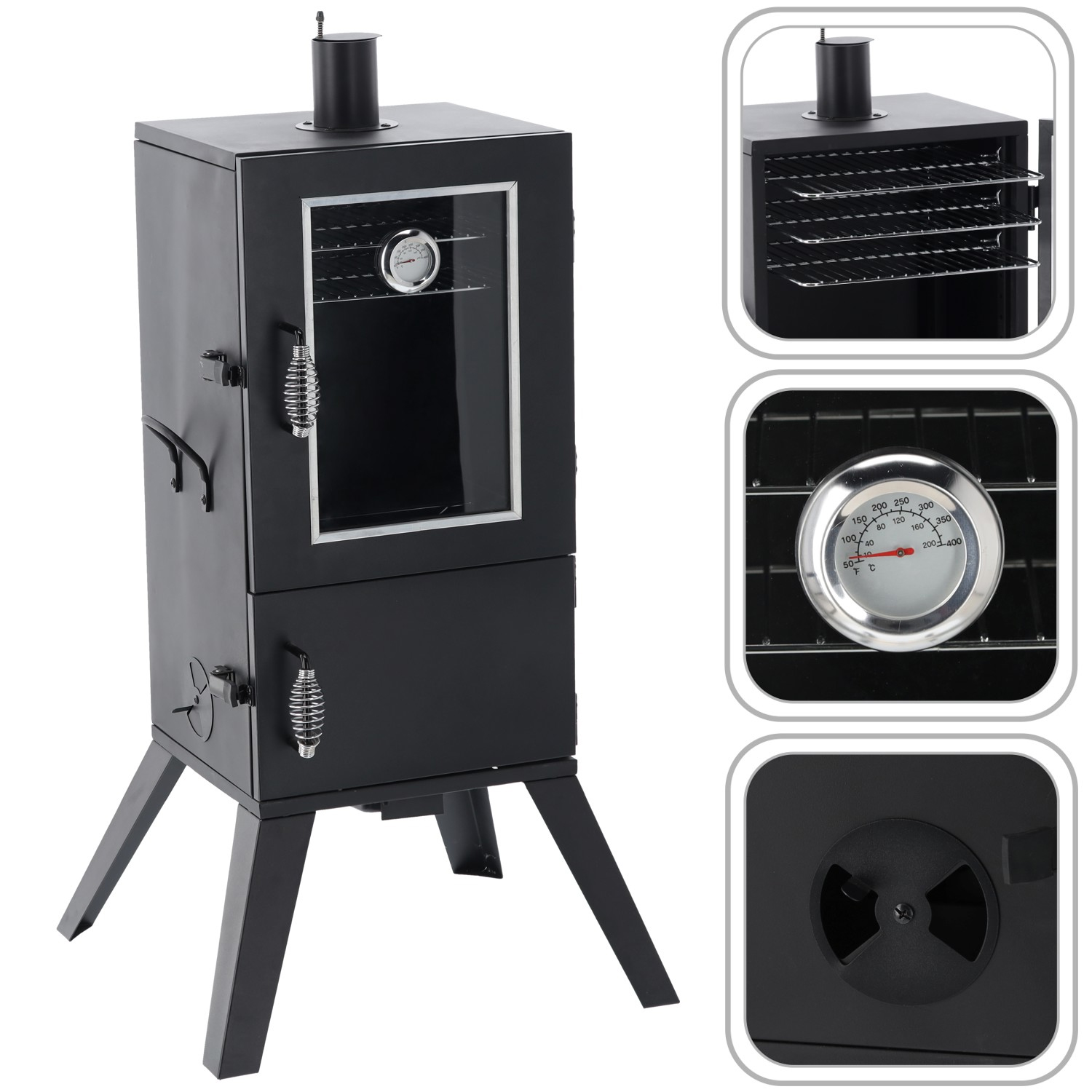 Afumatoare pentru gradina cu termometru si 3 gratare, 60x55x103 cm, negru Household NewTrend