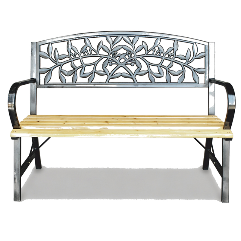 Banca de gradina din lemn si otel cu spatar decorativ model frunze, 120x56x87 cm, negru si maro natur Household NewTrend