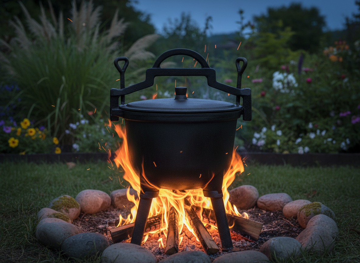 Ceaun vanatoresc din fonta, cu capac si picioare pentru gatit in aer liber, 5L, 25x42 cm, negru Household NewTrend