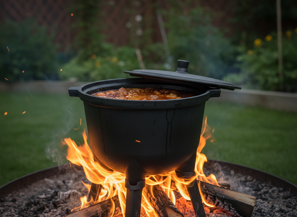 Ceaun vanatoresc din fonta, cu capac si picioare pentru gatit in aer liber, 5L, 25x42 cm, negru Household NewTrend