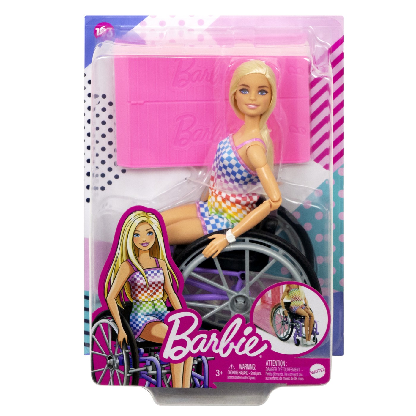 Papusa Barbie Fashionistas blonda cu scaun rulant si 22 puncte de articulare
