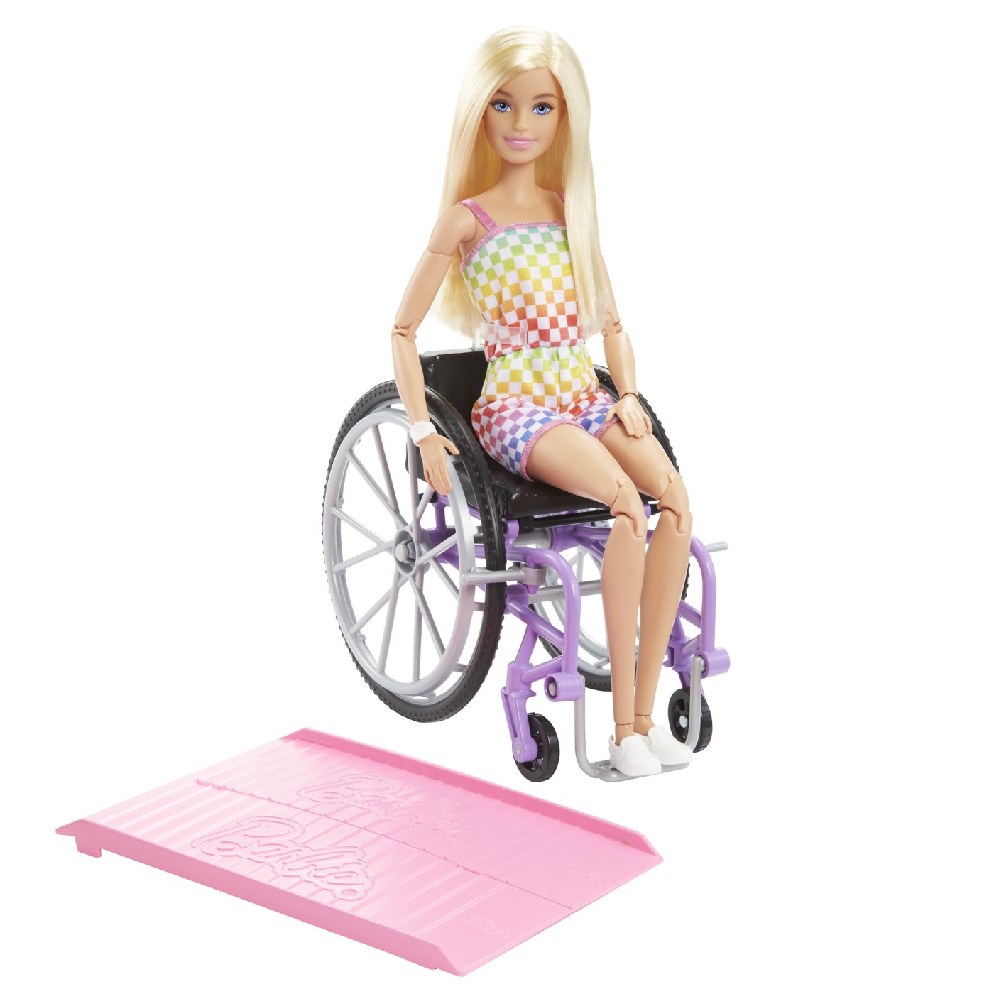 Papusa Barbie Fashionistas blonda cu scaun rulant si 22 puncte de articulare