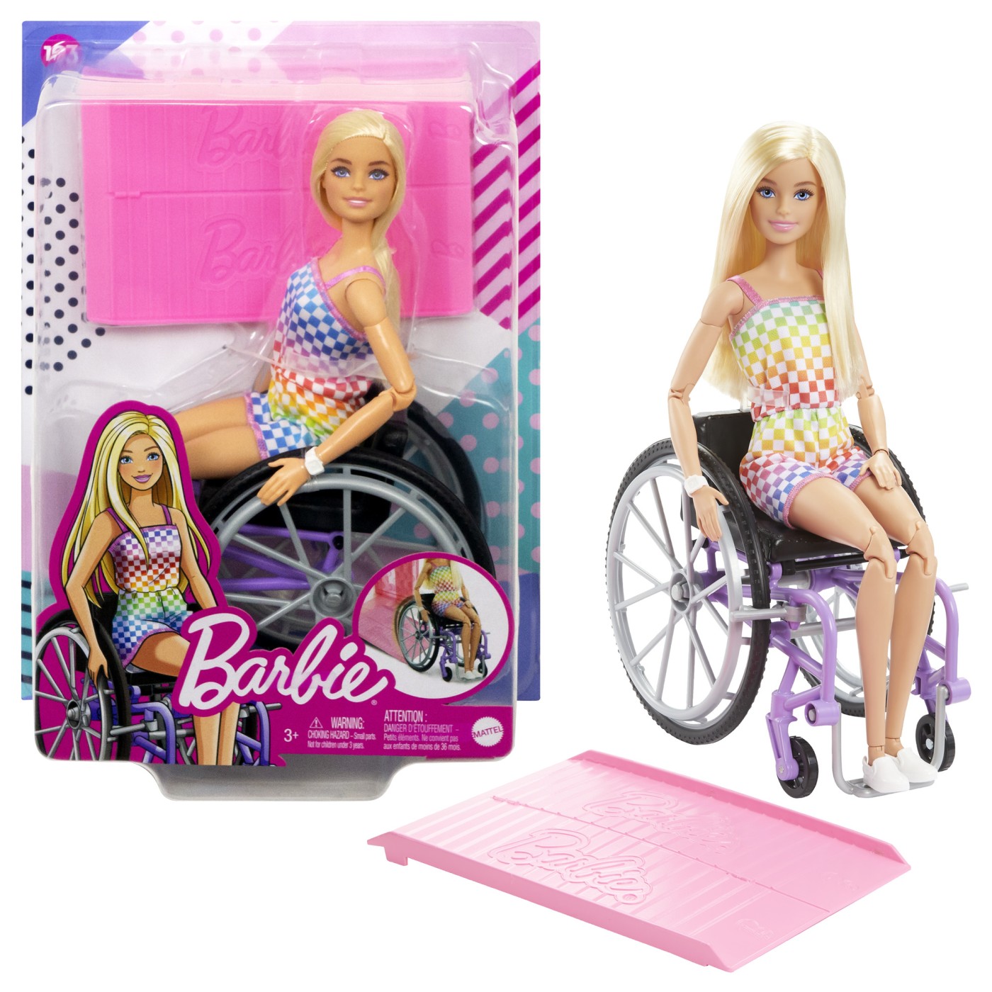 Papusa Barbie Fashionistas blonda cu scaun rulant si 22 puncte de articulare
