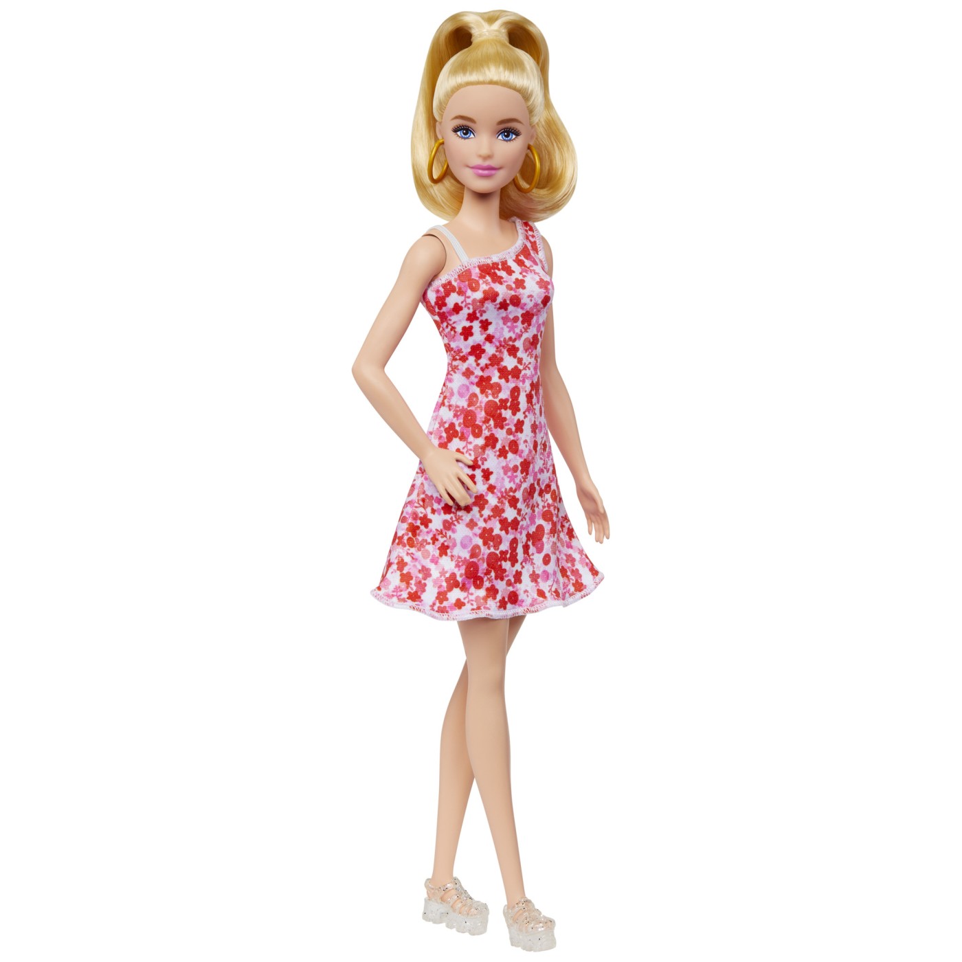 Păpușa Barbie Fashionistas blondă cu coadă și rochie florală