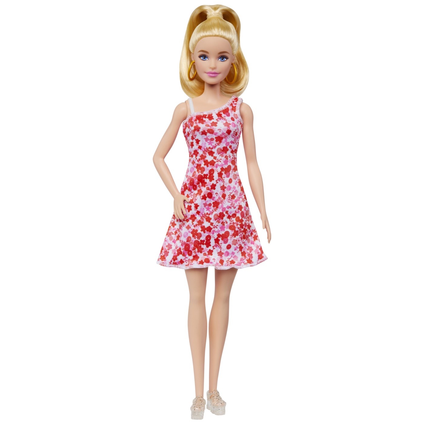 Păpușa Barbie Fashionistas blondă cu coadă și rochie florală